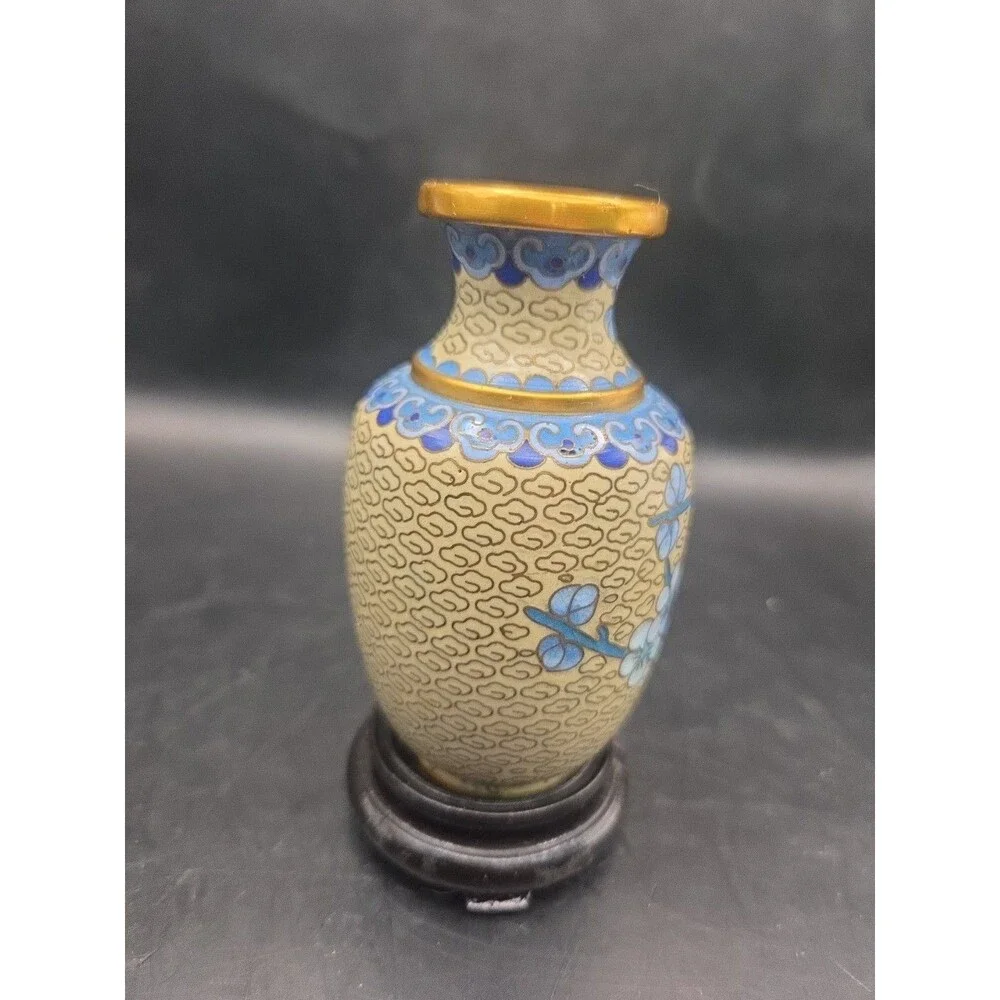 Vintage China Cloison Brass Cream & Blue Floral Cloisonné Enamel Vase Stand 5